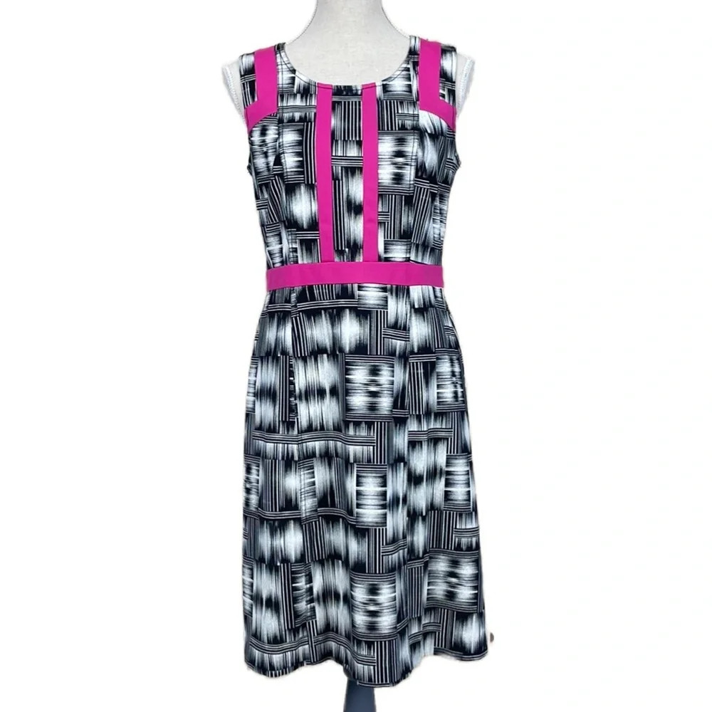 Renuar‎ Sleeveless Midi Sheath Dress Size 6  Black Geometric Print Hot Pink Trim